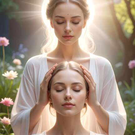 Firefly_one divine woman healing another woman, meditating, helping other woman, realistic 921582